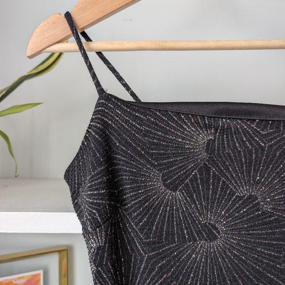 Y2K Mini Slip Dress Black Sparkle Starburst Pattern Size Small Celestial Fairy - Picture 3 of 8
